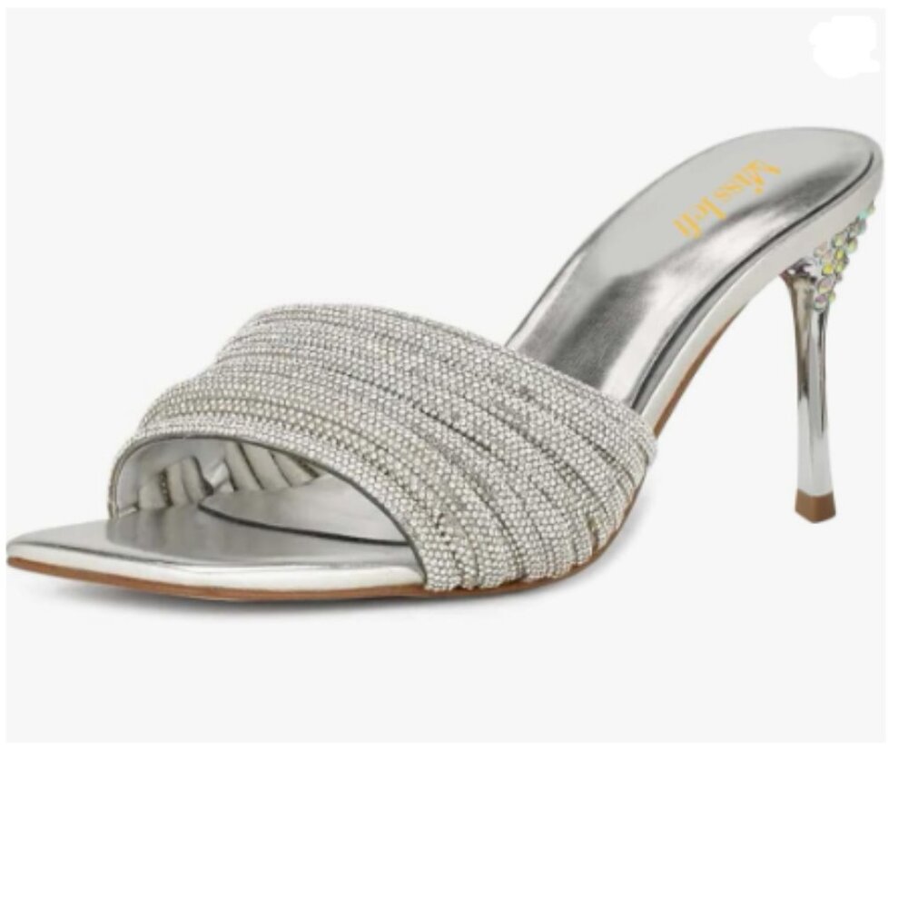 miss left Silver Rhinestones Open Square Toe Slip On Studded High Heels Sandals
